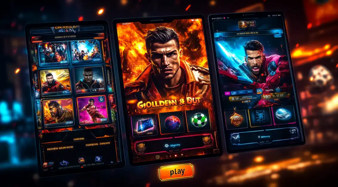 Three smartphones displaying bold and action-packed casino game covers, including sports and combat themes.