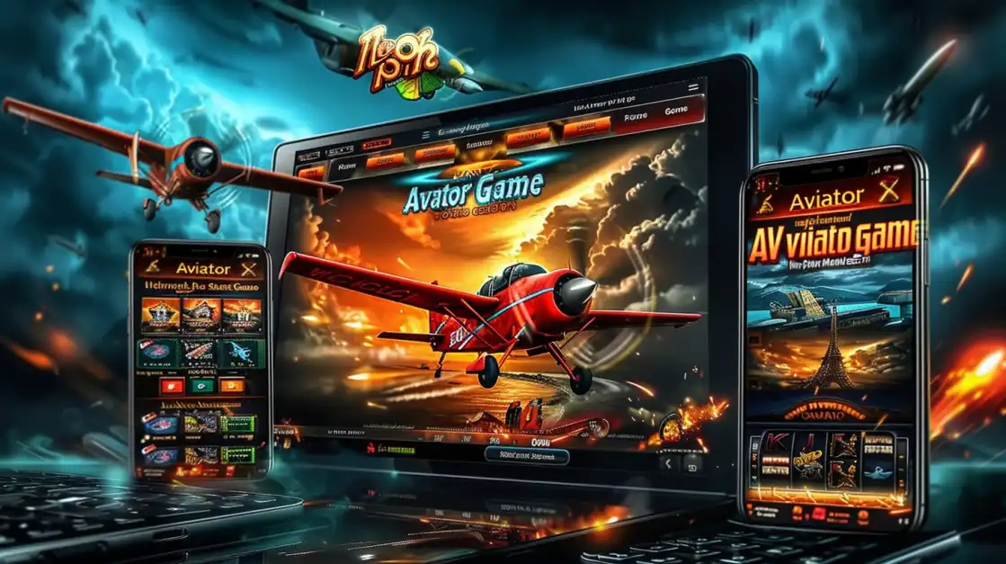 Multiple devices show the Aviator casino game, with flying red airplanes and dramatic clouds in the background.
