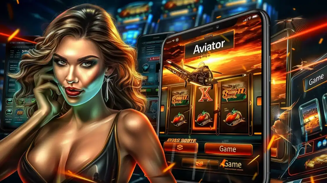 Glamorous woman in a black dress posing beside a smartphone displaying a fiery Aviator slot game.