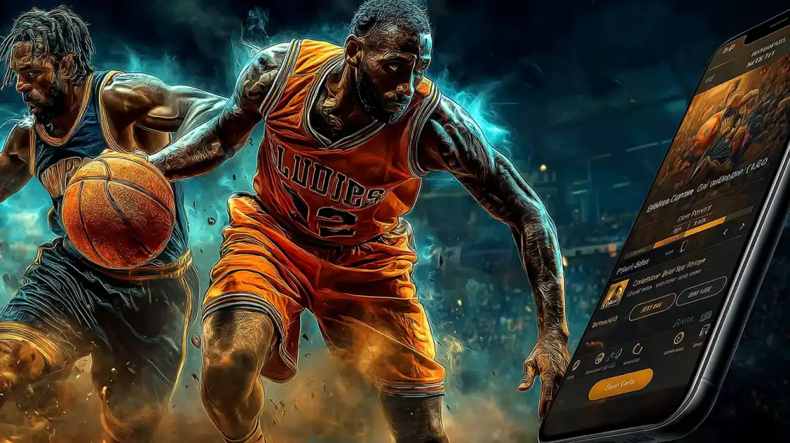 Two intense basketball players in action with a large smartphone screen showing a sports betting app in the foreground.