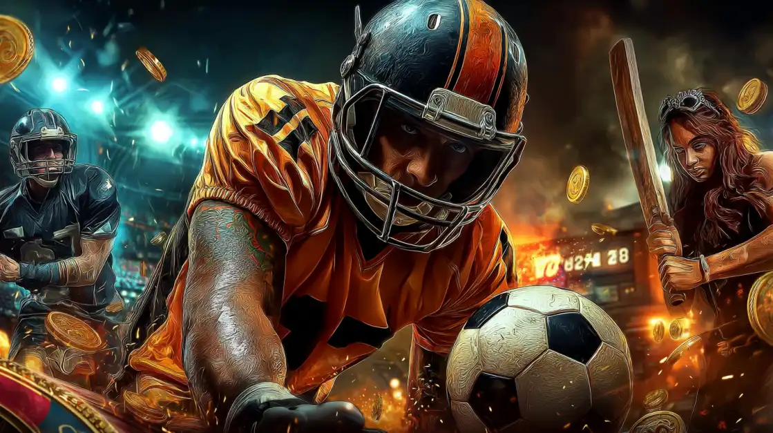 American football player with soccer ball charging forward, surrounded by gold coins, with other athletes in the background.