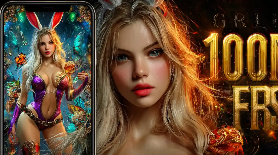 Blonde bunny girl in fantasy outfit surrounded by butterflies and casino visuals offering 100 Free Spins.