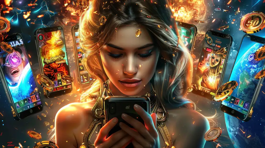 Woman holding a phone surrounded by mobile slot machines and flying gold coins in a fiery digital space.