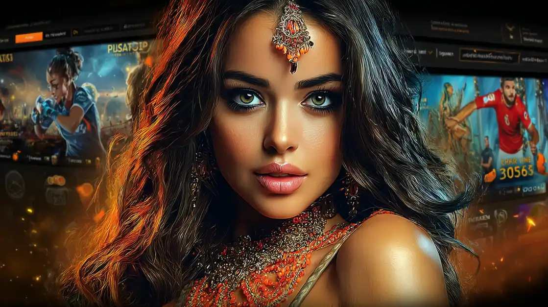Woman with green eyes and traditional jewelry posing in front of a digital sports betting and casino interface.
