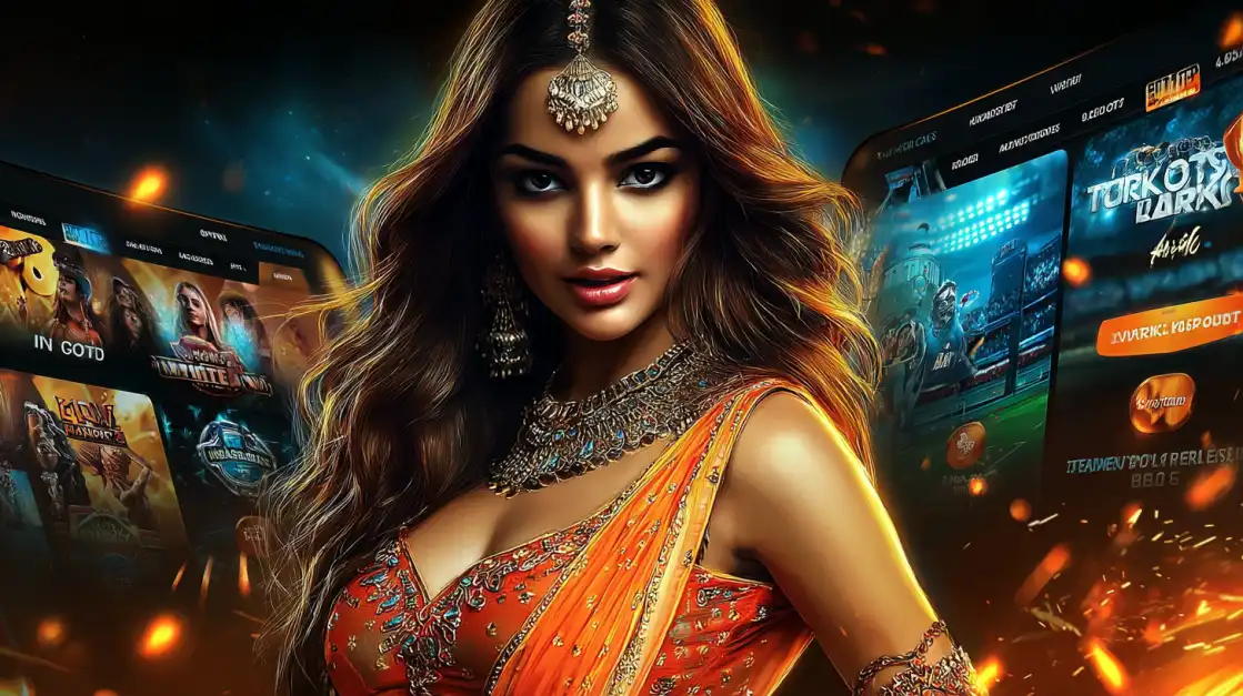 Beautiful woman in an orange traditional dress in front of an online casino slot game interface.