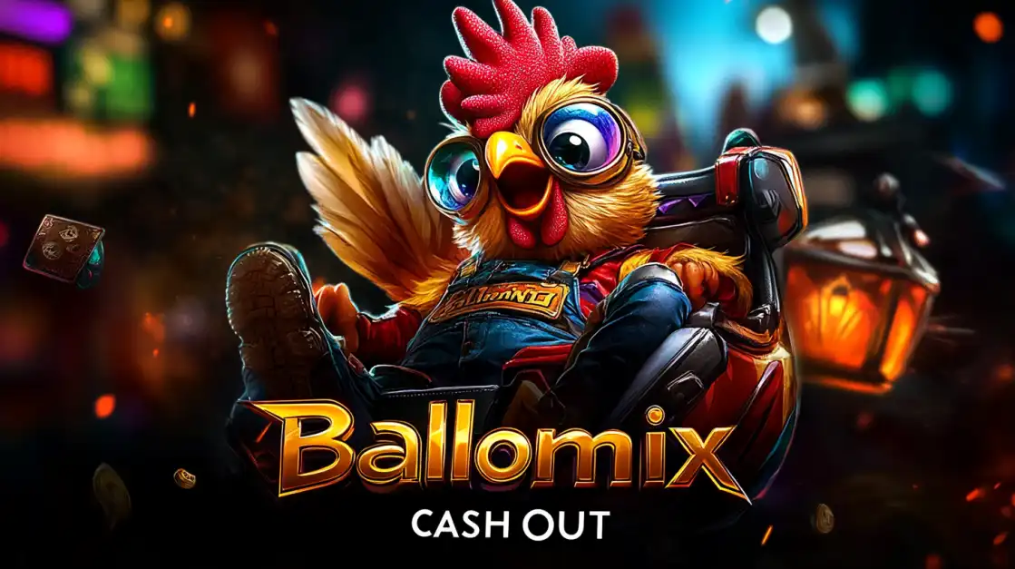 Cartoon chicken wearing glasses relaxing in a casino chair, with Ballomix Cash Out text and floating coins.