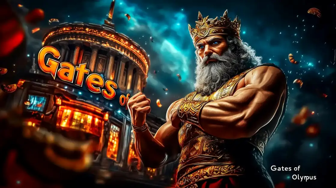 Muscular Zeus in golden armor standing in front of a glowing temple with Gates of Olympus casino branding.