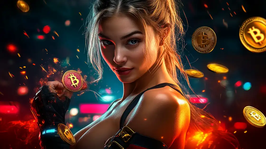 Blonde woman with glowing Bitcoin coins around her, set in a fiery casino-like background with a digital glow.