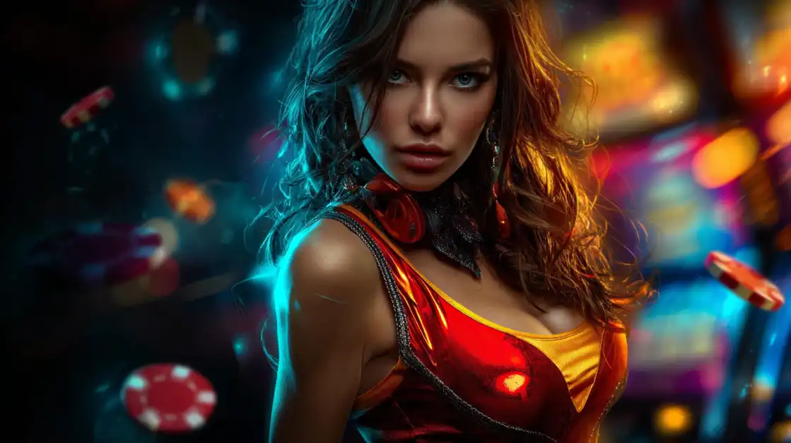 Attractive brunette in a red outfit with flying poker chips, standing against a blurred, colorful casino background.