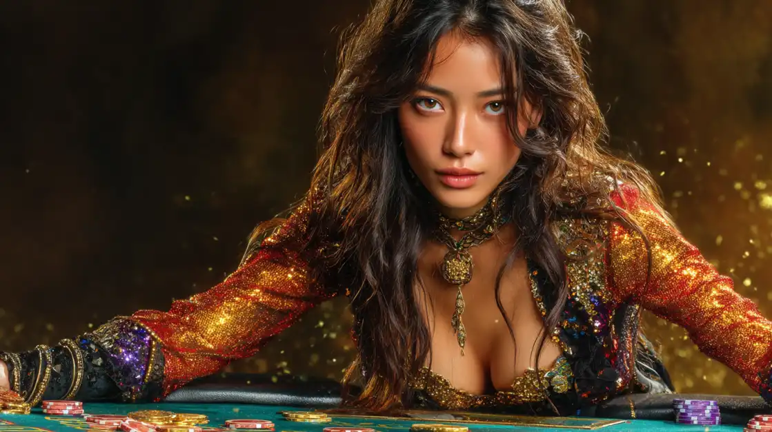 Beautiful woman in a glittering gold and red outfit leaning over a poker table, surrounded by casino chips.