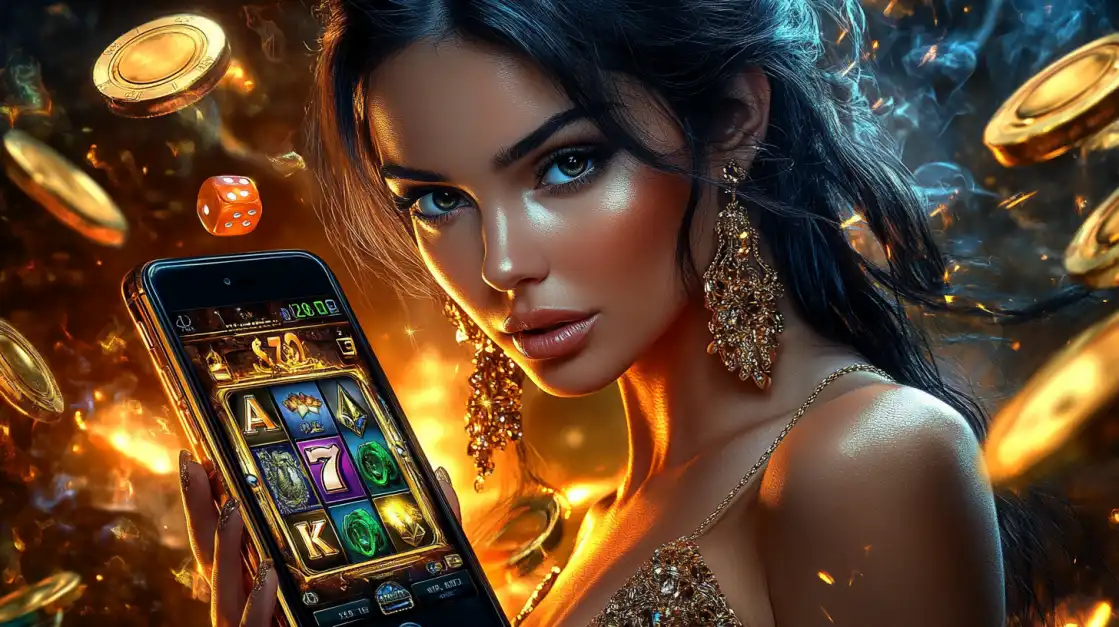 Brunette woman with gold earrings holding a smartphone showing a slot machine game, with coins and dice floating around.