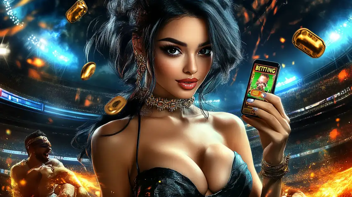 Glamorous woman holding a phone showing a betting app, with a stadium background and golden coins flying.