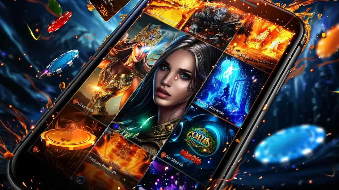 Close-up of a smartphone screen with a grid of popular casino slot games, shown in a fiery gaming environment.
