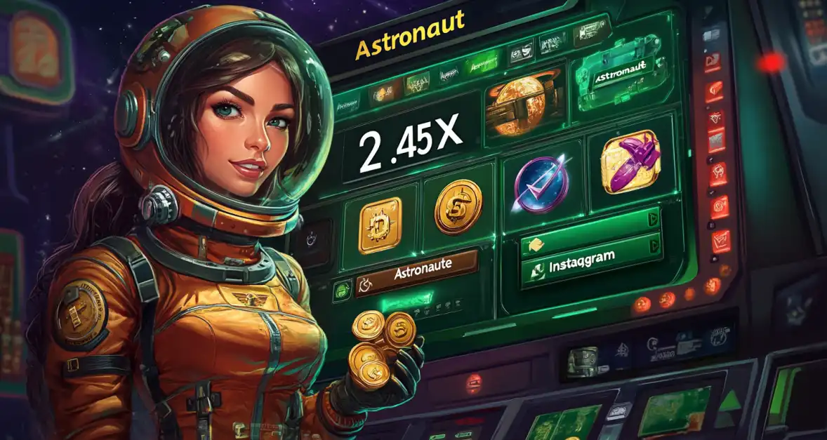 Animated female astronaut in orange suit holding coins in front of a high-tech slot game interface.