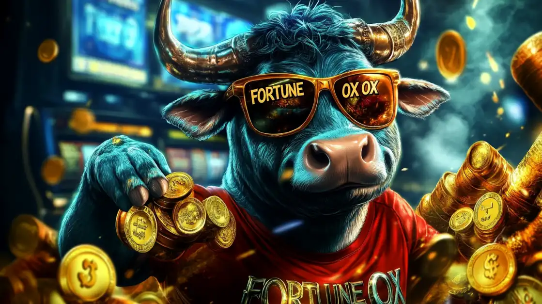 Cool blue bull in sunglasses and red t-shirt with Fortune OX branding, holding piles of gold coins.