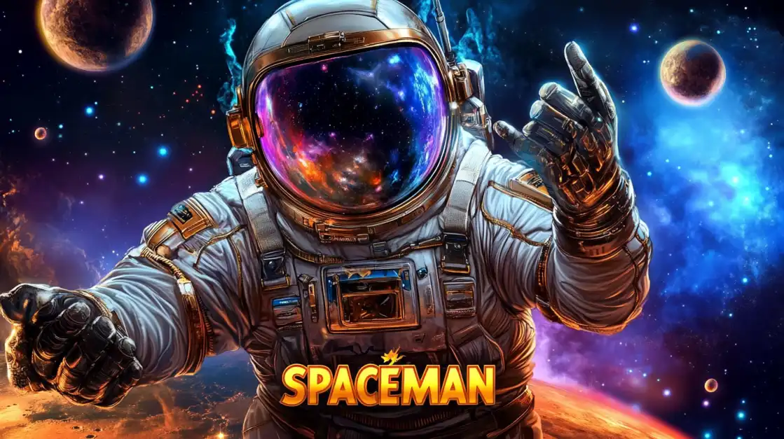 Futuristic astronaut floating in space with galaxy reflection in helmet, promoting Spaceman slot game.